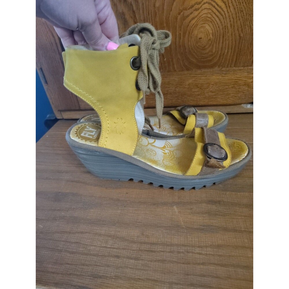 FLY London Yaje Platform Sandal Women's  Yellow Leather Ankle Strap Size 6.5